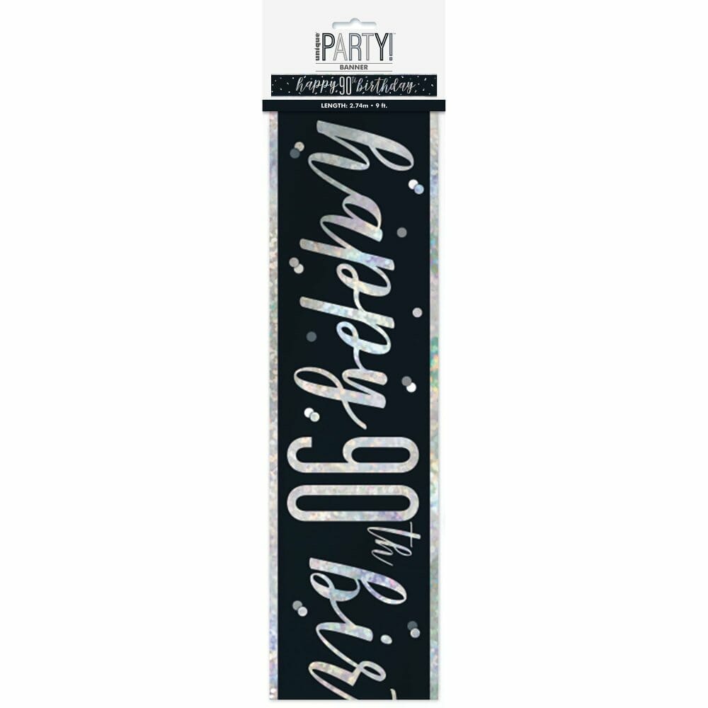 Glitz Black & Silver Foil Banner Happy 90th Birthday – 9 Feet
