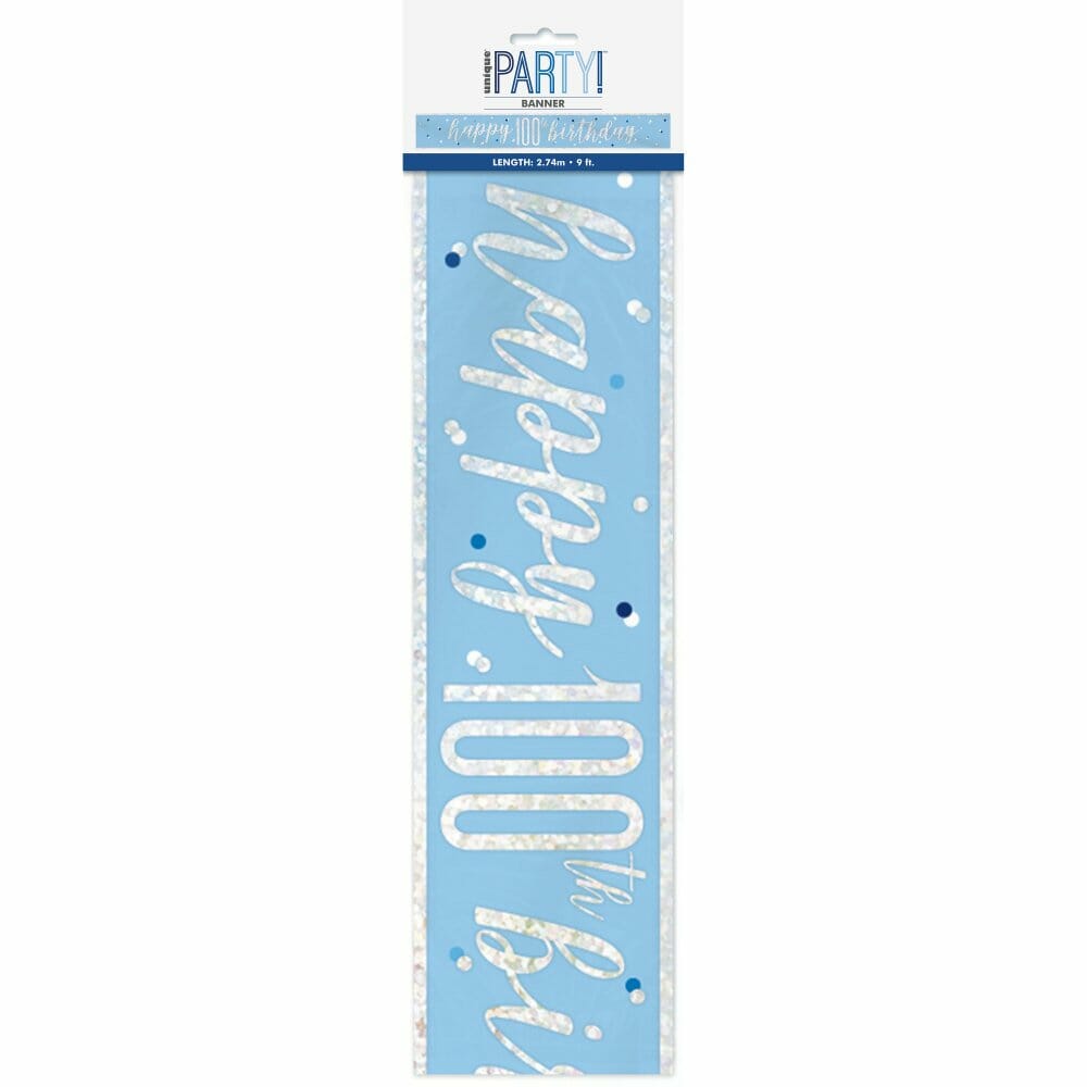 Glitz Blue & Silver Foil Banner Happy 100th Birthday – 9 Feet
