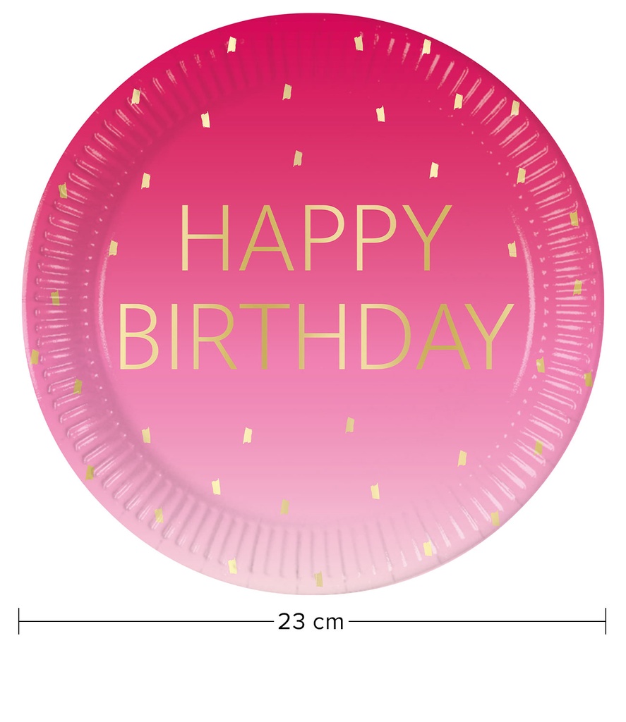 Golden Happy Birthday Pink FSC Paper Plates Large 23cm – 8pk