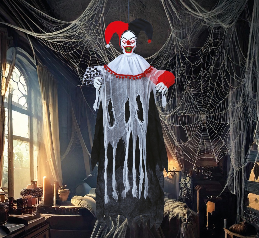 Halloween Hanging Clown Buffon With Light Sound & Movement 120cm