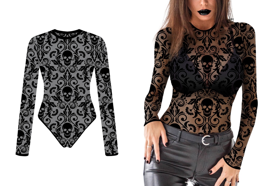 Halloween Lace Fabric Skulls Bodysuit – Size Large (42-44)