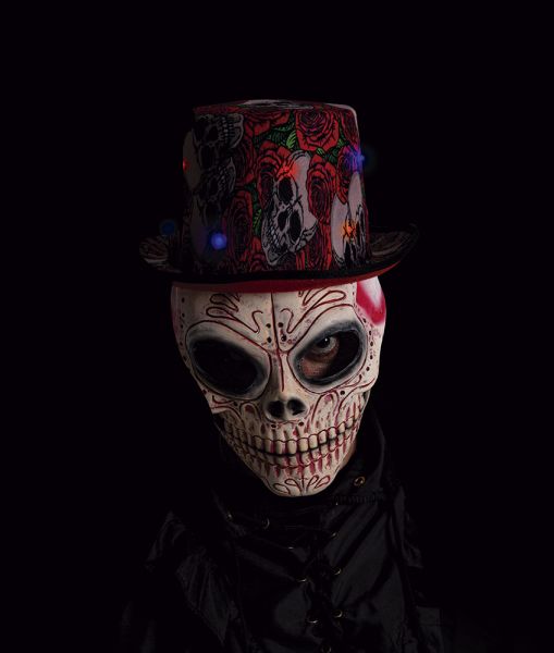 Halloween Top Hat Roses & Skull With Light – Adult One Size
