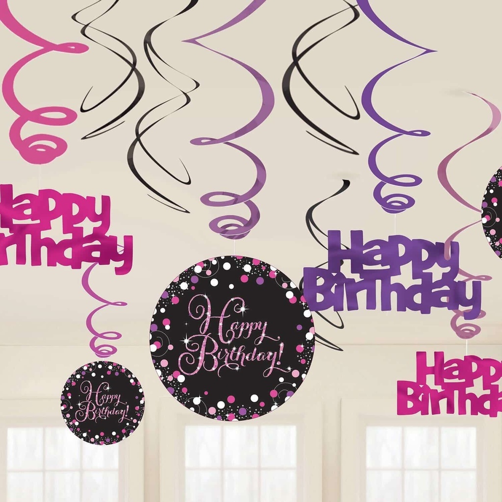 Happy Birthday Pink Sparkling Celebration Hanging Swirl Decorations – 12pk