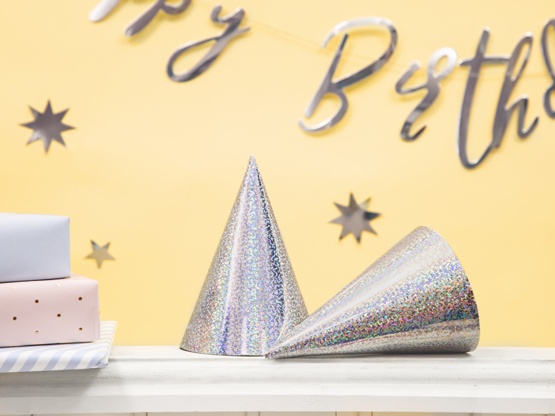 Holographic Party Hats, Silver, 16cm (1pkt / 6pc)