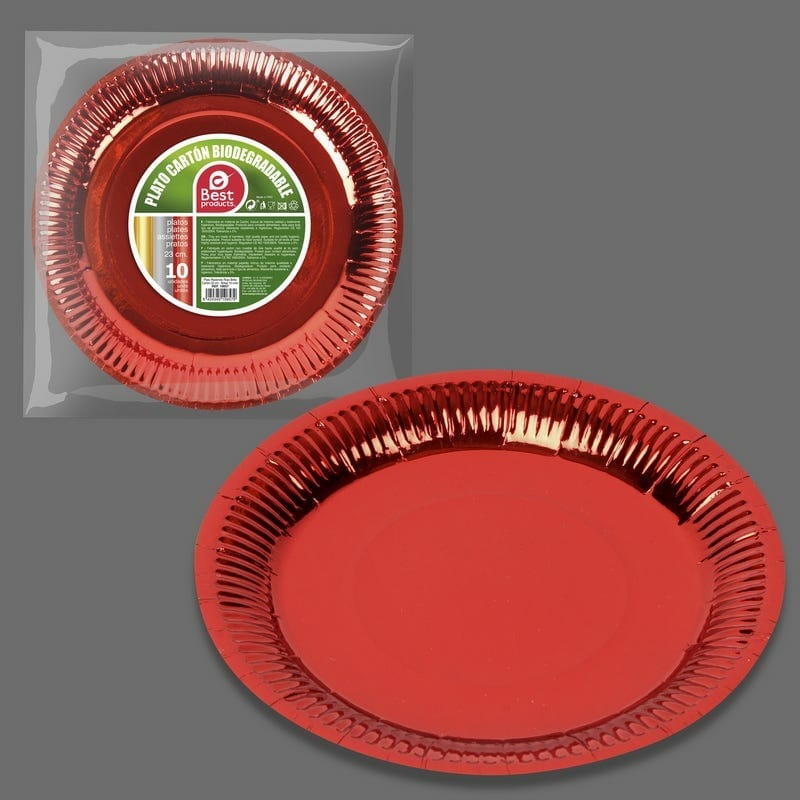Metallic Red Round Paper Plates 23cm- 10pk