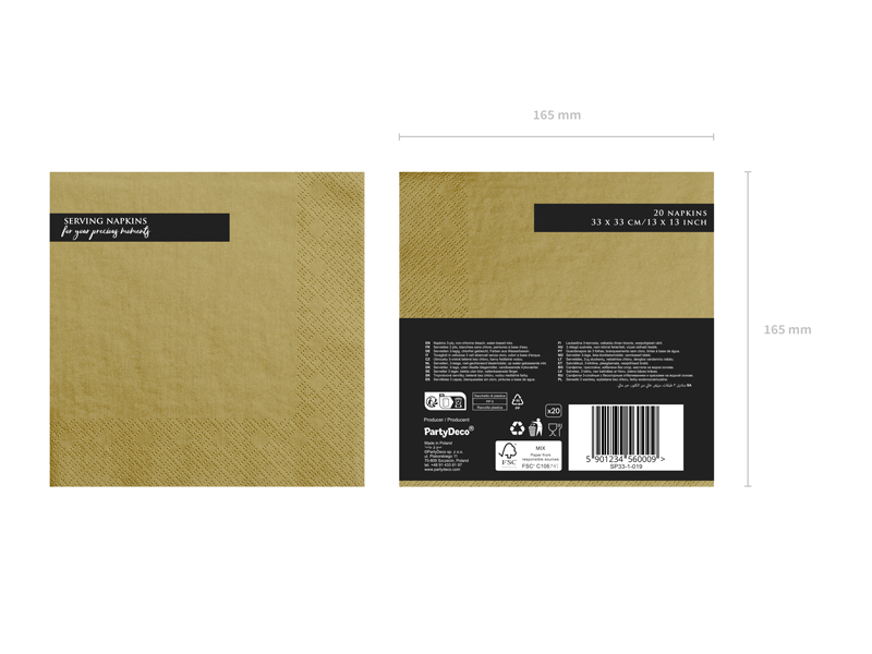 Napkins, 3 Layers, Gold, 33x33cm (1pkt / 20pc)