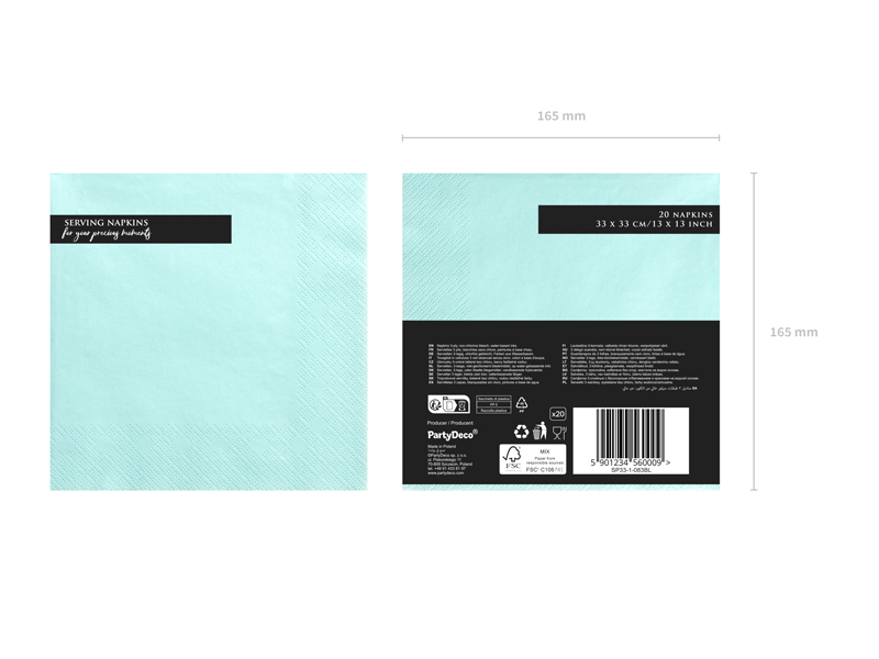 Napkins, 3 Layers, Pale Turquoise, 33x33cm (1pkt / 20pc)