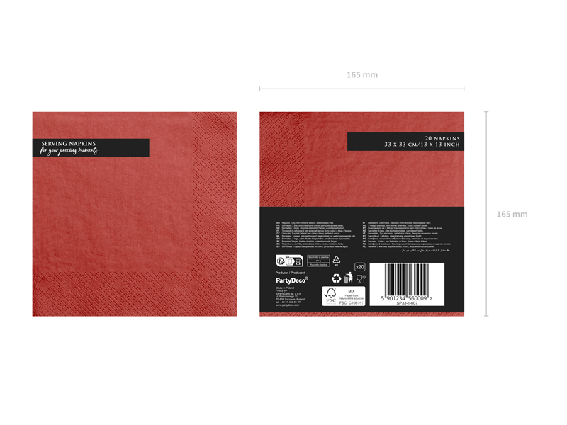 Napkins, 3 Layers, Red, 33x33cm (1pkt / 20pc)