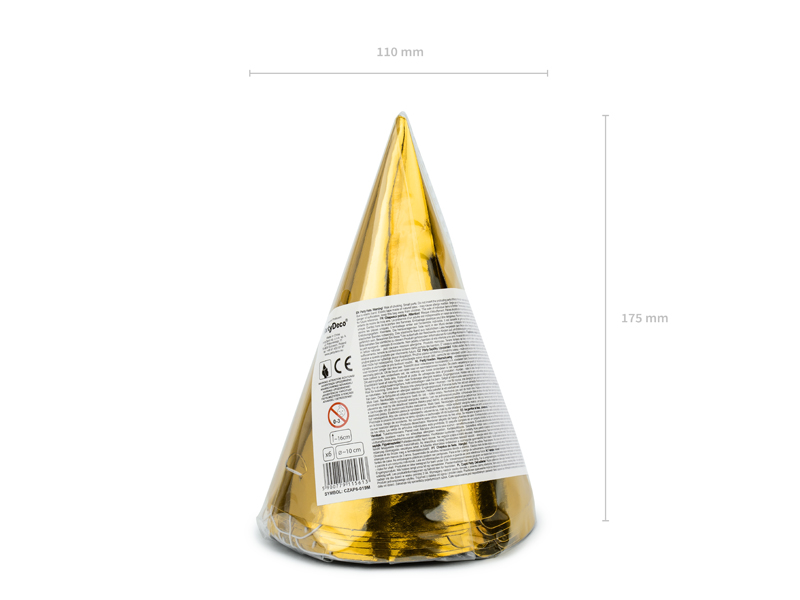 Party Hats, Gold, 16cm (1pkt / 6pc)