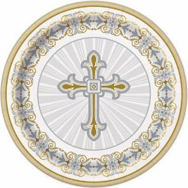 Radiant Cross Silver & Gold Paper Plates 21.9cm – 8pk