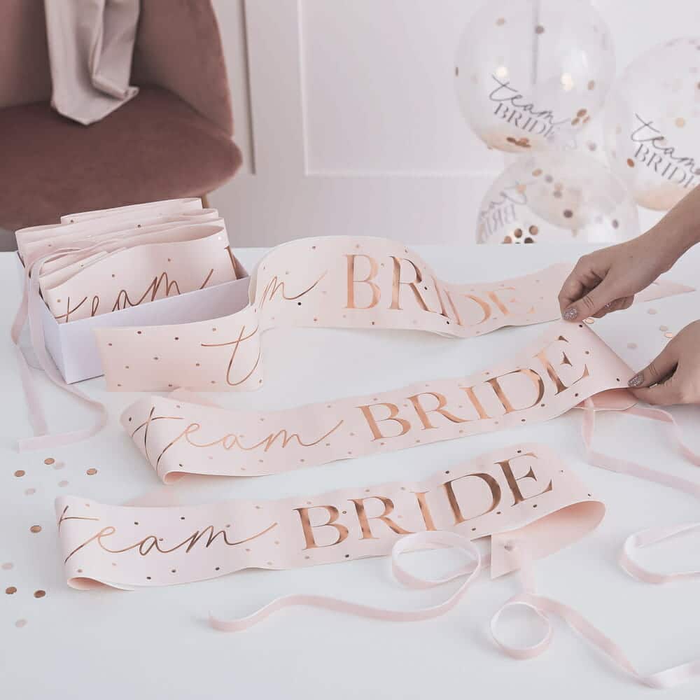 Pink and Rose Gold Team Bride Hen Party Sashes 6 Pack