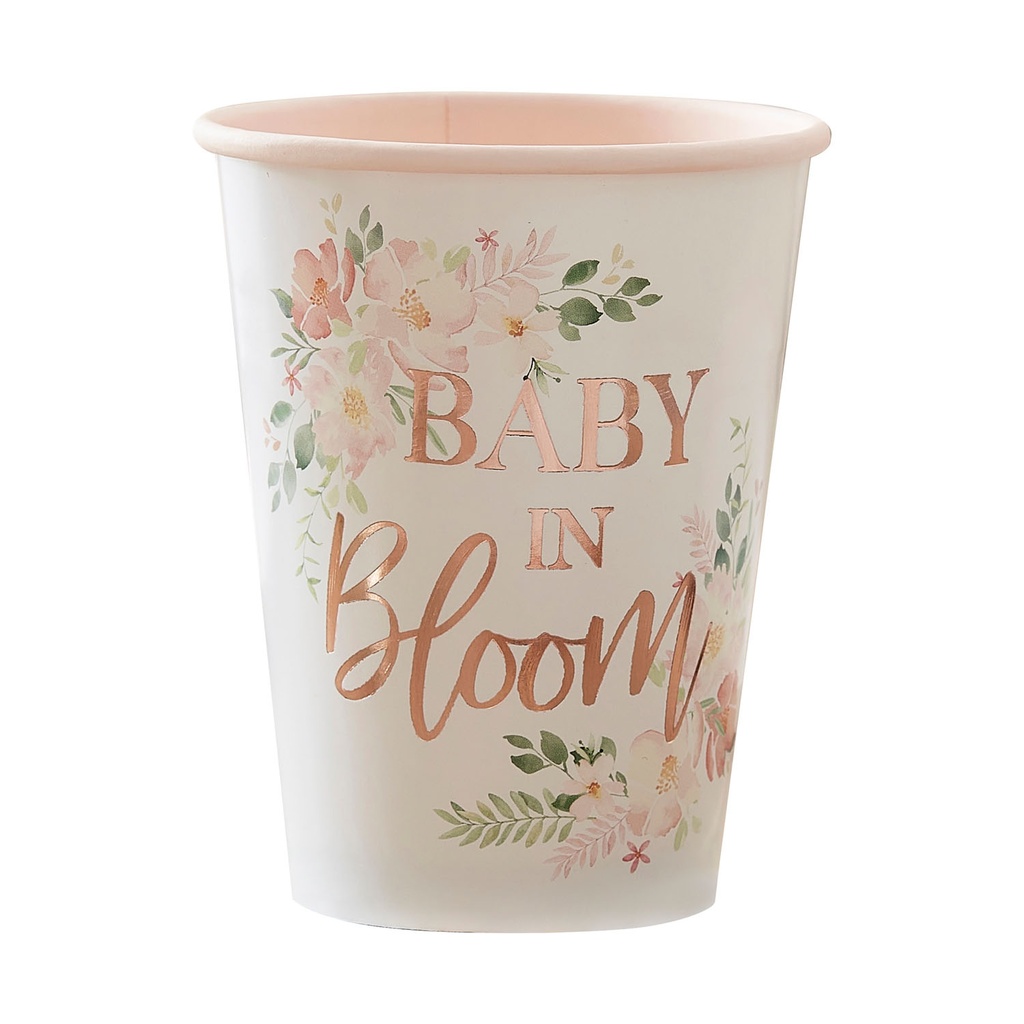 Rose Gold Floral Baby Shower Cups – 8pk