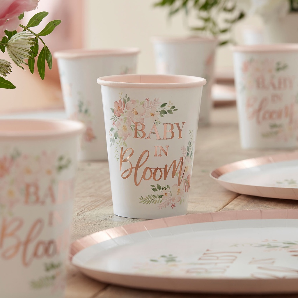Rose Gold Floral Baby Shower Cups – 8pk