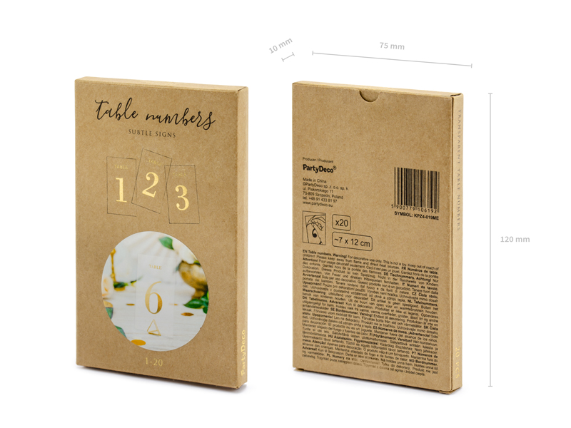Tranparent Table Numbers Gold 7x12cm (1pkt / 20pc)
