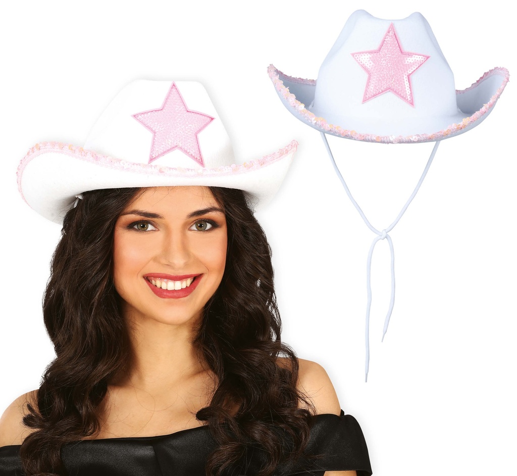 White & Pink Cowgirl / Cowboy Hat with Star – Adult One Size