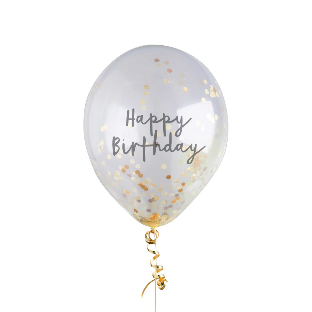 Gold Happy Birthday Confetti 12 Inch Latex Balloons 5pk