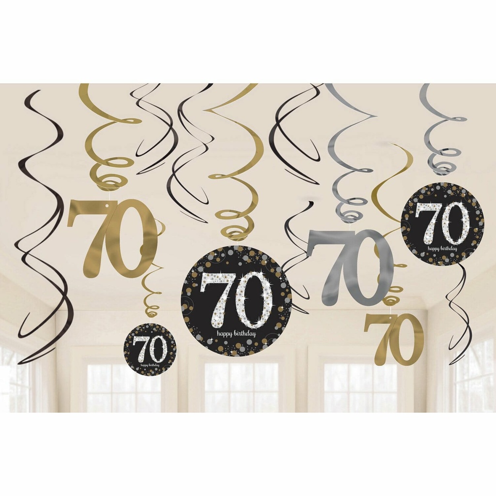 70th Gold Sparkling Celebration Hanging Swirl Decorations – 12pk
