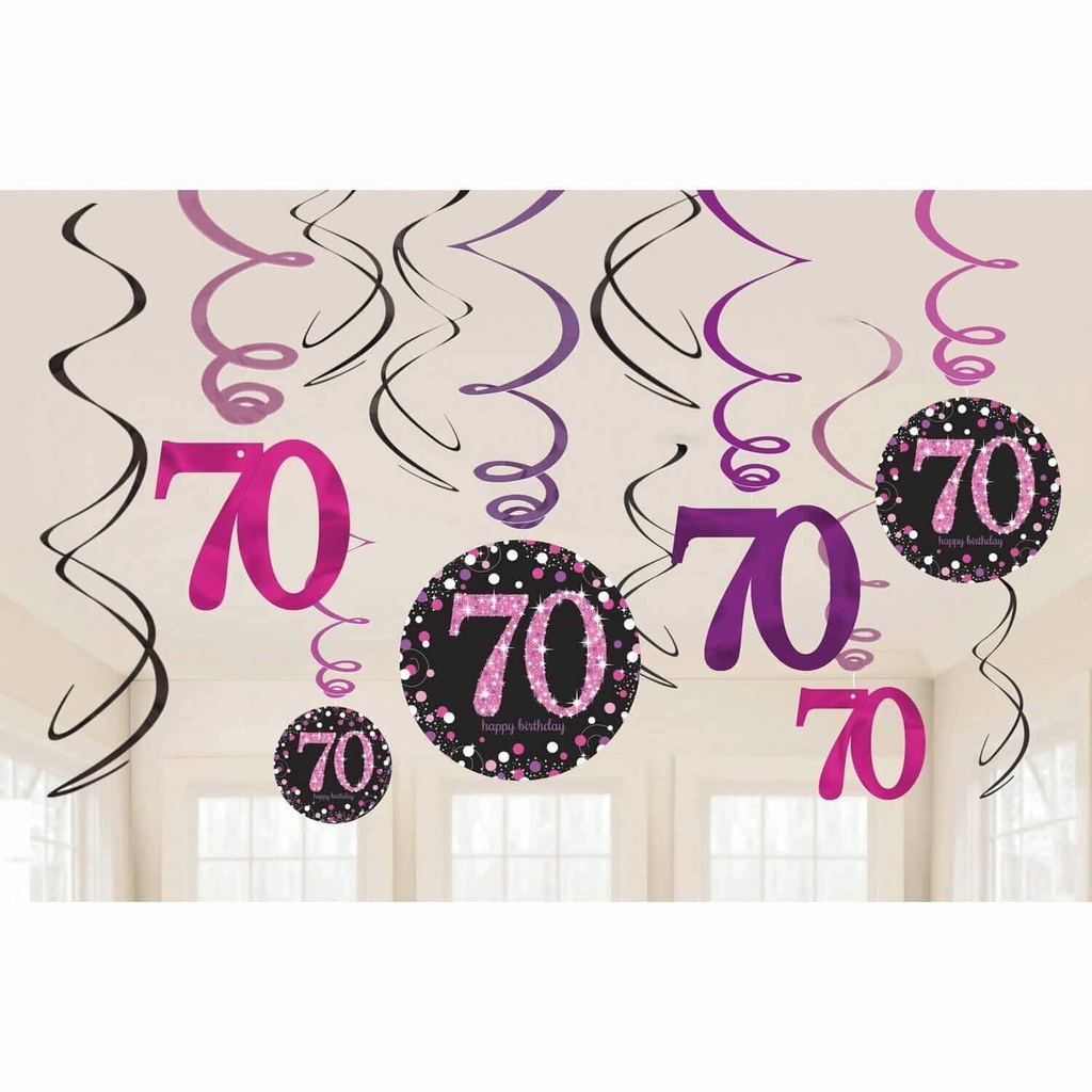 70th Pink Sparkling Celebration Hanging Swirl Decorations – 12pk