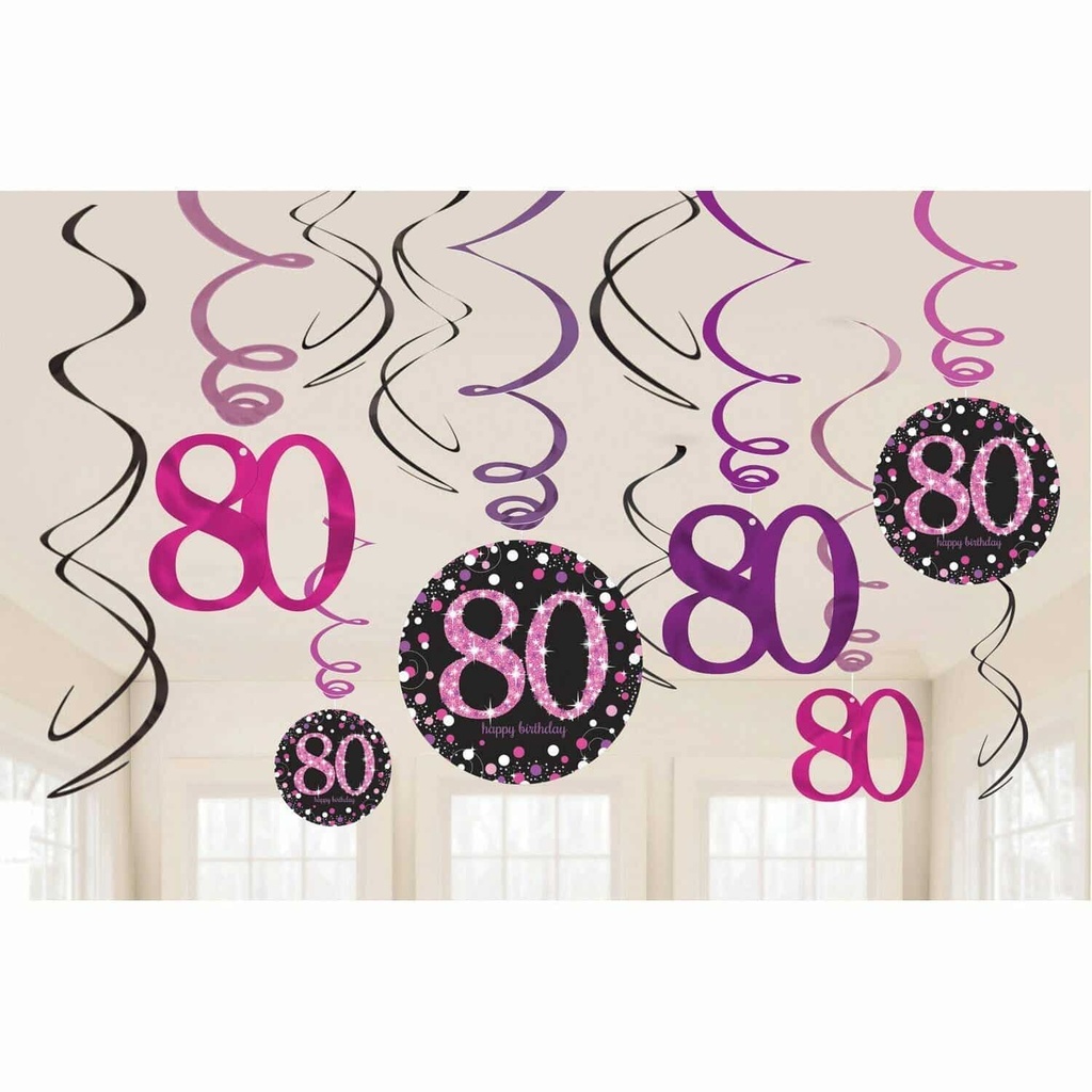 80th Pink Sparkling Celebration Hanging Swirl Decorations – 12pk