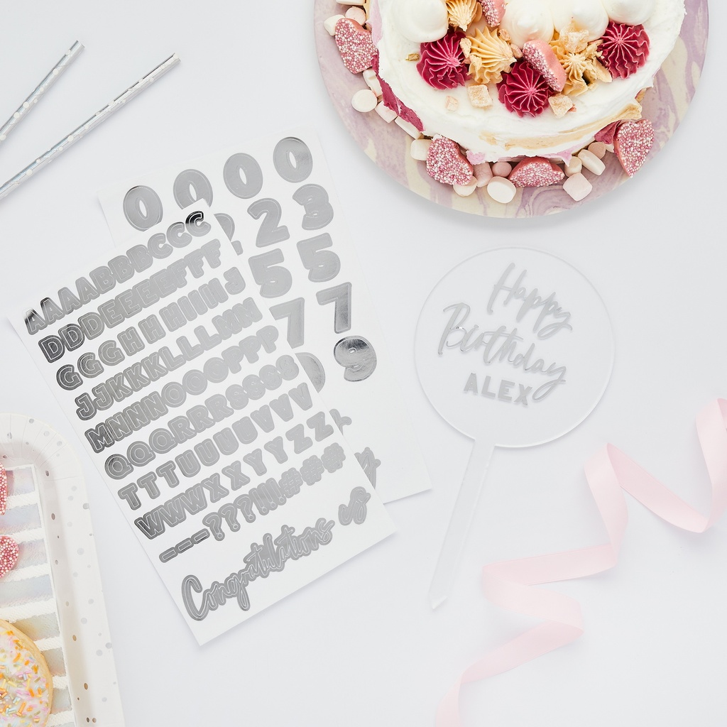 Acrylic Personalised Cake Topper With Silver Sticker Sheets