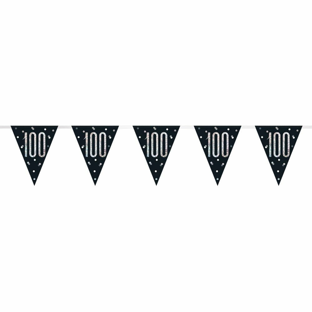 Birthday Black Glitz Number 100 Flag Banner – 9 ft