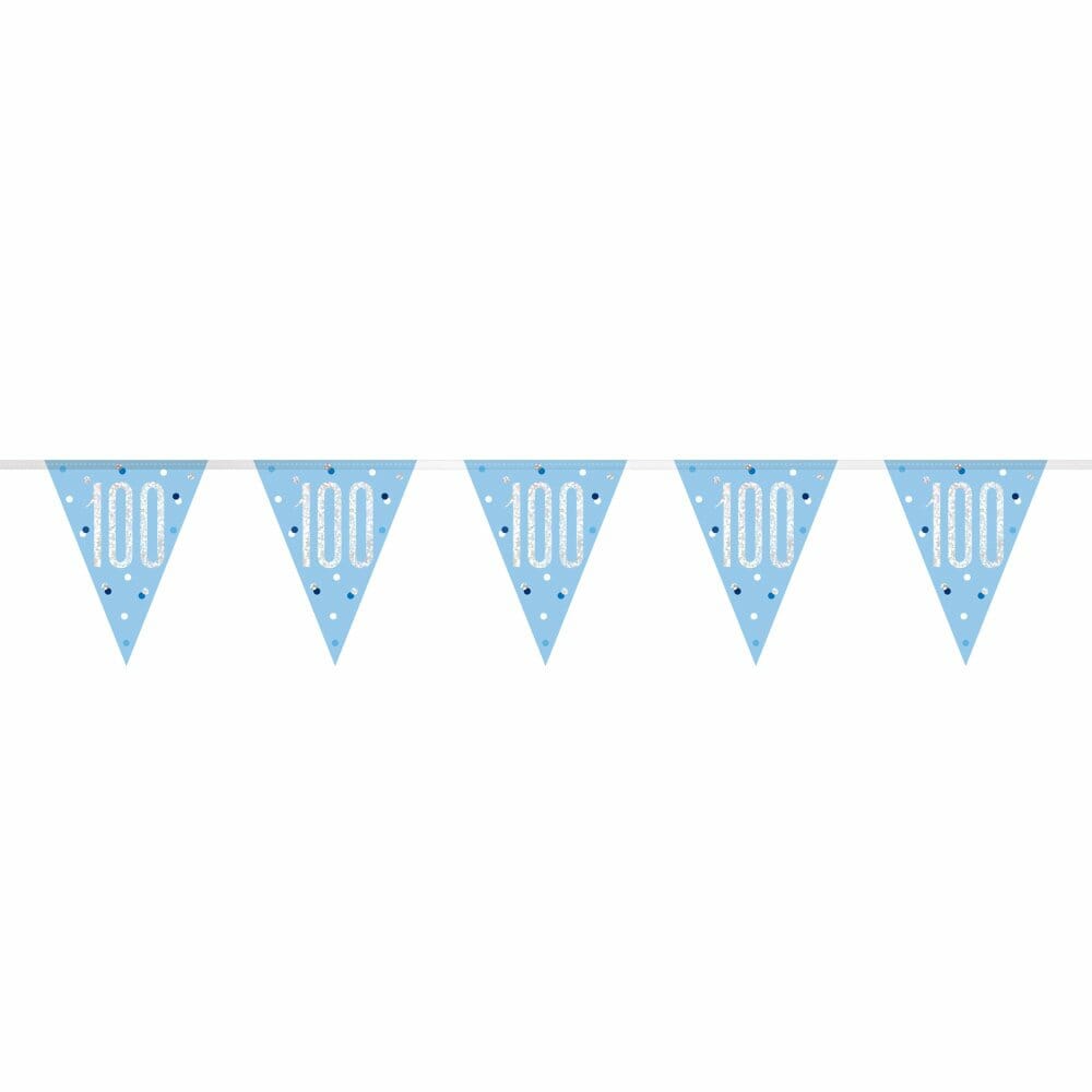 Birthday Blue Glitz Number 100 Flag Banner – 9 ft