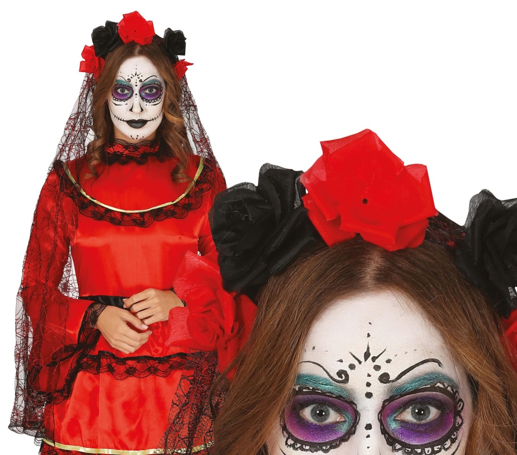 Black & Red Flowers Headband With Veil
