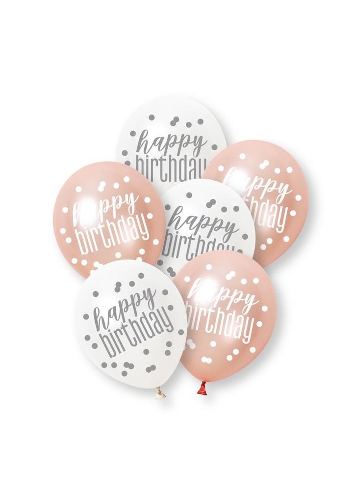 Glitz Rose Gold & Pearl Happy Birthday Assorted 12 Inch Latex Balloons - 6pcs
