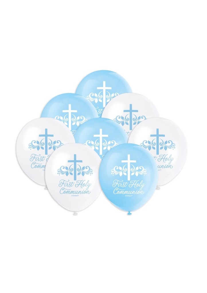 Blue Holy Cross First Holy Communion 12 Inch Latex Balloons - 8pcs