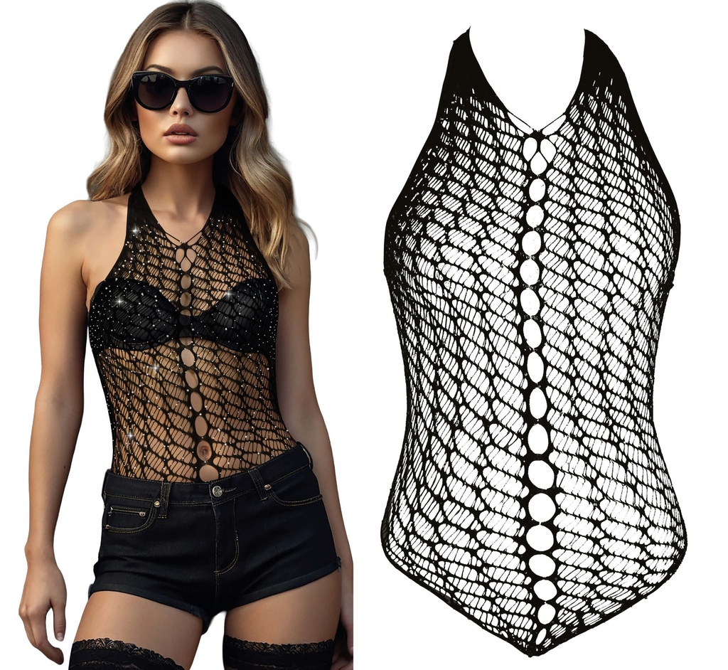 [27417] Black Fishnet Bodysuit With Rhinestones - Adult One Size