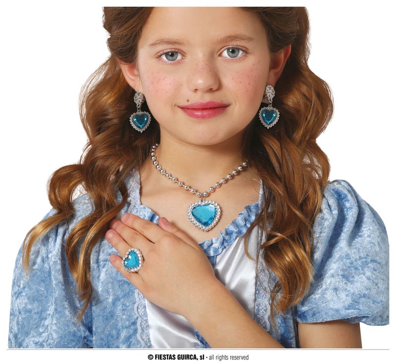 Blue Heart Jewellery Set (Necklace, Ring & Earrings) - Child One Size