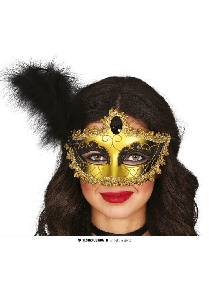 Gold & Black Venetian Mask With Feather - Adult One Size