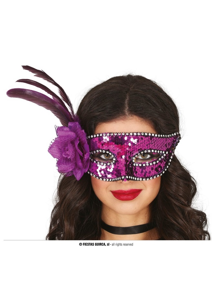 Purple Sequined Venetian Mask With Feather - Adult One Size