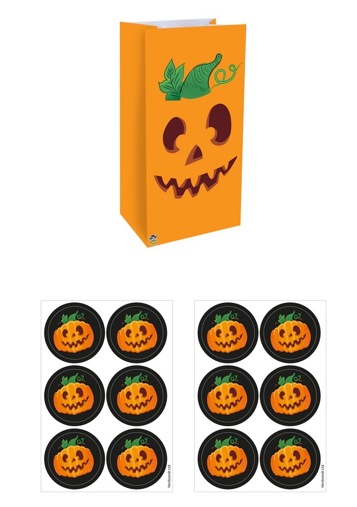 Halloween Pumpkin Paper Party Bags with Stickers (13x25x8cm) – 12pk