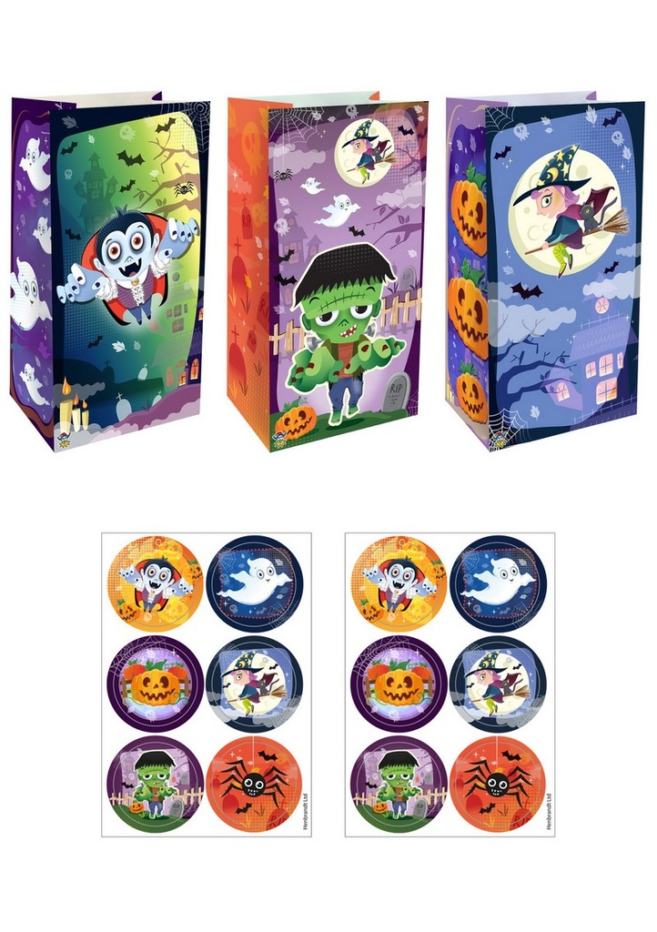 Halloween Paper Party Bags with Stickers 13x25x8cm  (3 Assorted Designs) – 12pk