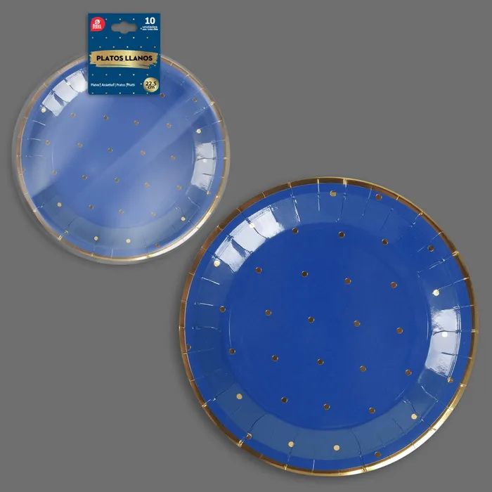 Blue With Gold Dots Paper Plates 22.5cm - 10pk