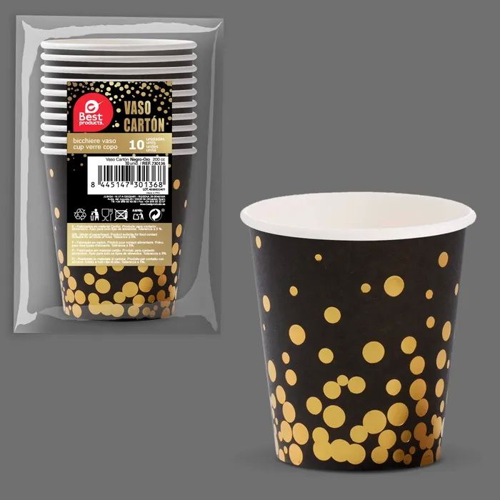 [730136] Black With Gold Dots Paper Cups 200ml - 10pk