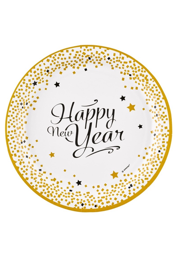 Happy New Year Golden Wishes Paper Plates 23cm - 8pk