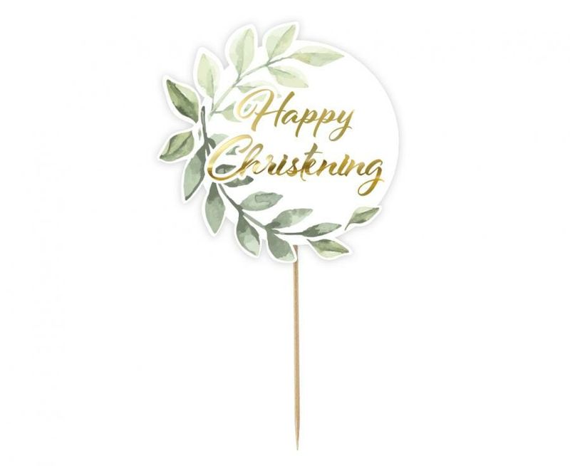 Cake Topper Happy Christening (Leaves) - 14cm