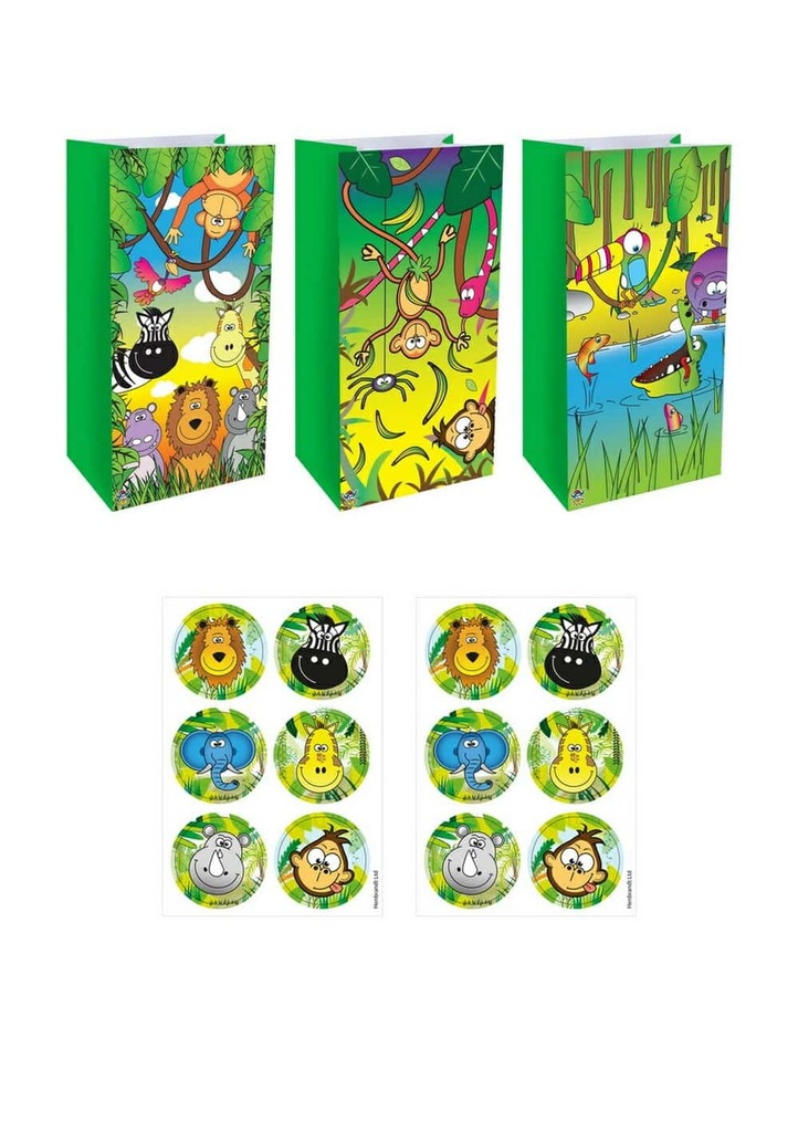 [X88854] Jungle Animal Paper Party Bags with Stickers (3 Assorted Designs) - 12pk