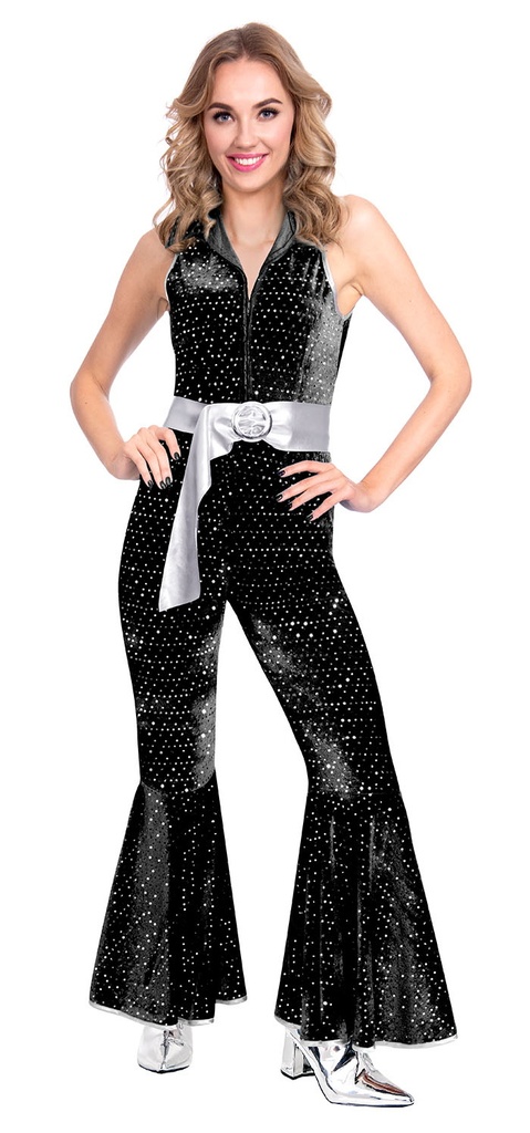 Black Sparkle Disco Queen Jumpsuit Costume - Adult Size Medium