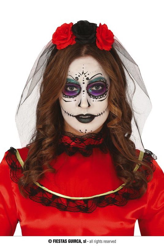 Black & Red Floweres Headband With Veil