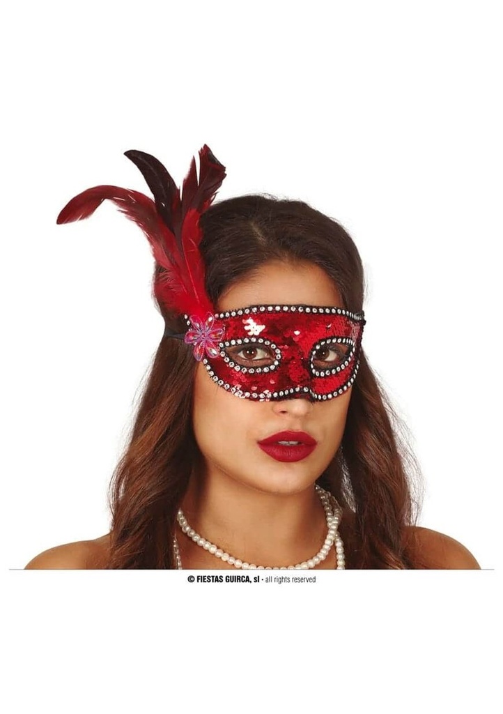 Red Sequin Mask With Feather