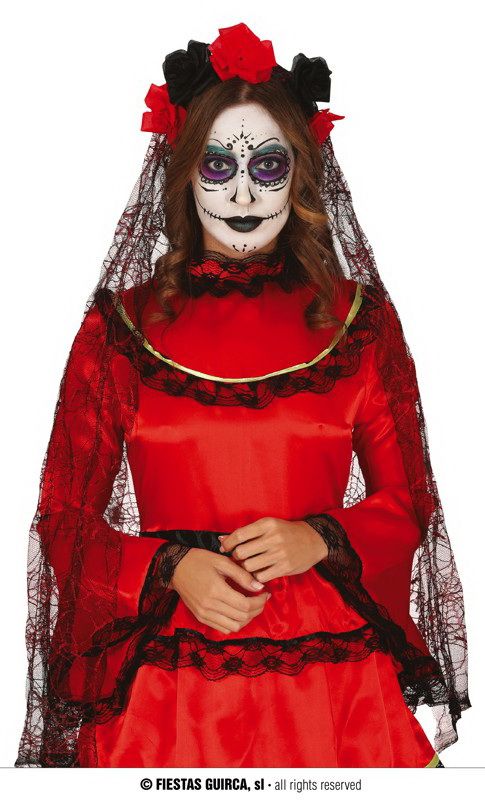 Black & Red Flowers Headband With Veil