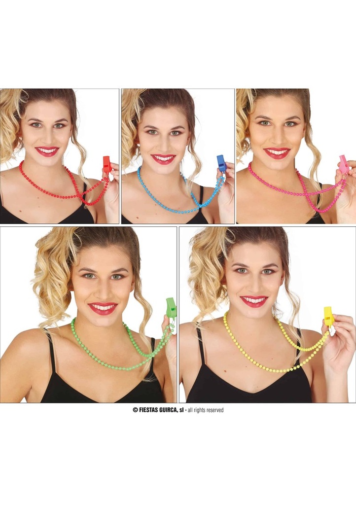Neon Necklace With Whistle (Assorted) - 4pk