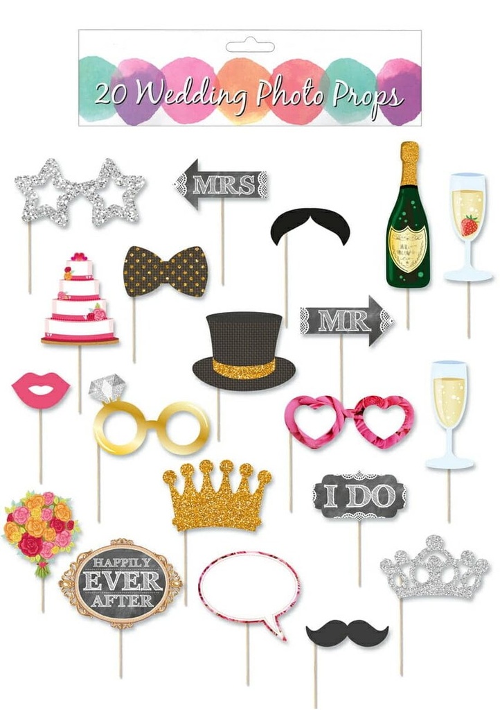 Wedding Photo Props (Assorted Designs) With Stick - 20pk