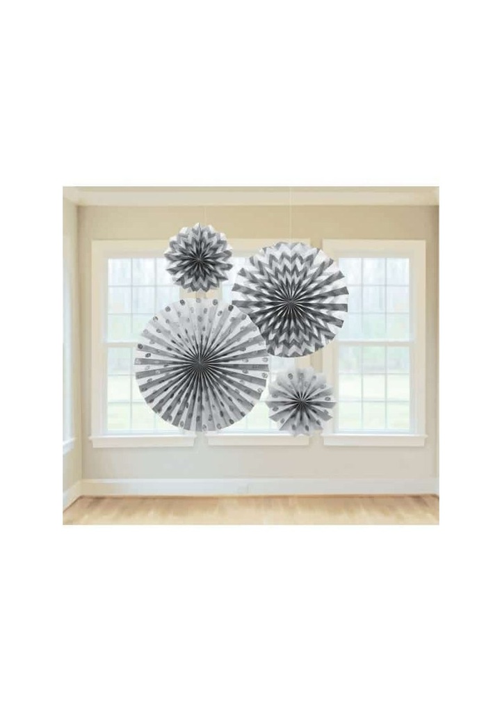 [295000-18] Fan Decorations Glitter Silver Paper 20.3 cm / 30.4 cm / 40.6 cm - 4pk