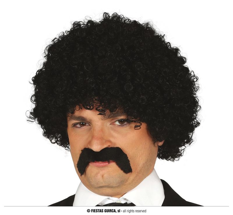 Black Curly Wig With Moustache - Adult One Size