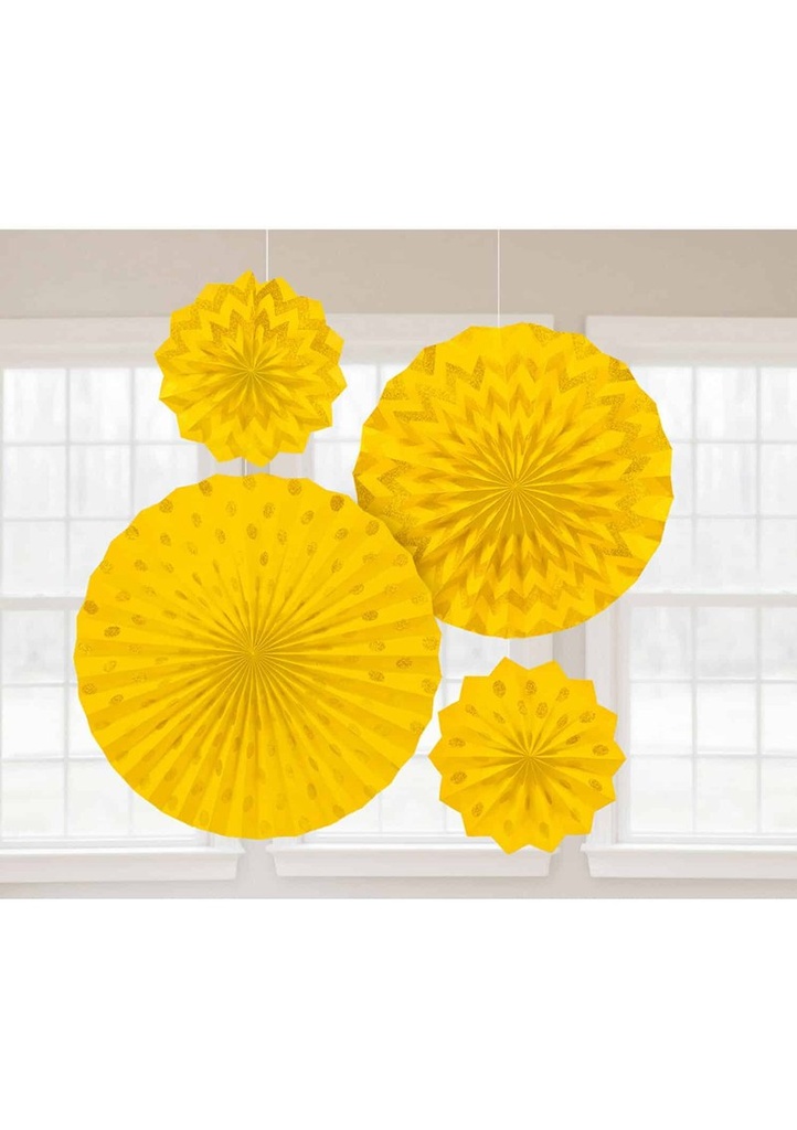 [295000-09] Fan Decorations Glitter Sunshine Yellow Paper 20.3cm / 30.4cm / 40.6cm - 4pk