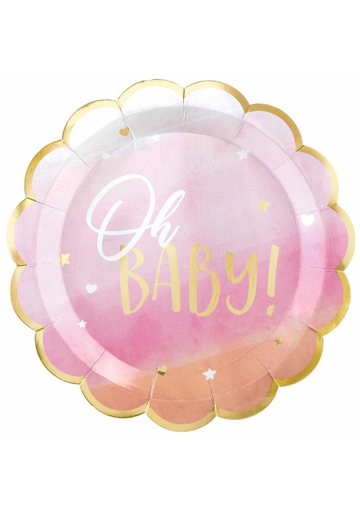 Oh Baby Girl Metallic Scalloped Paper Plates 26.6cm - 8pk